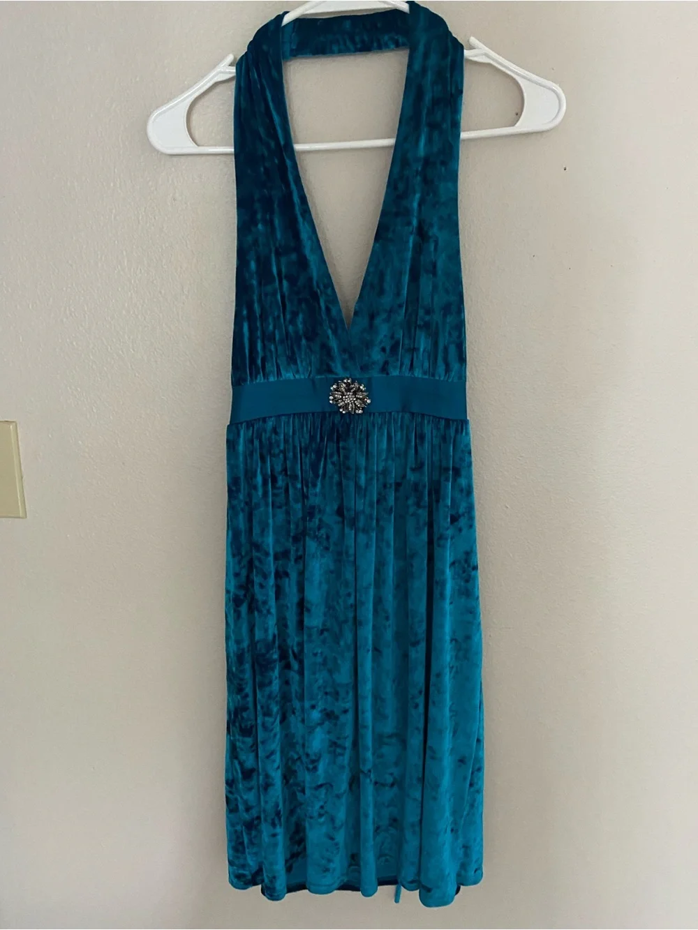 Heart Moon Star Y2K pleated halter dress teal crushed velvet brooch waist M